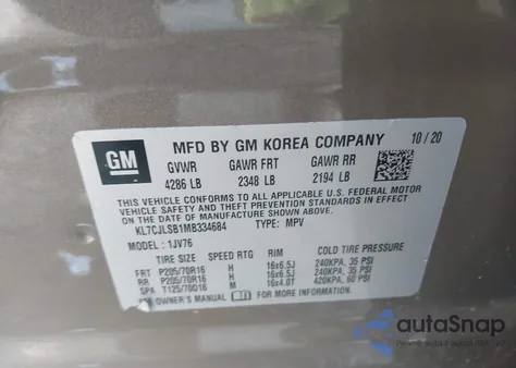 2021 Chevrolet Trax Fwd Lt z USA, uszkodzony, nr VIN KL7CJLSB1MB334684